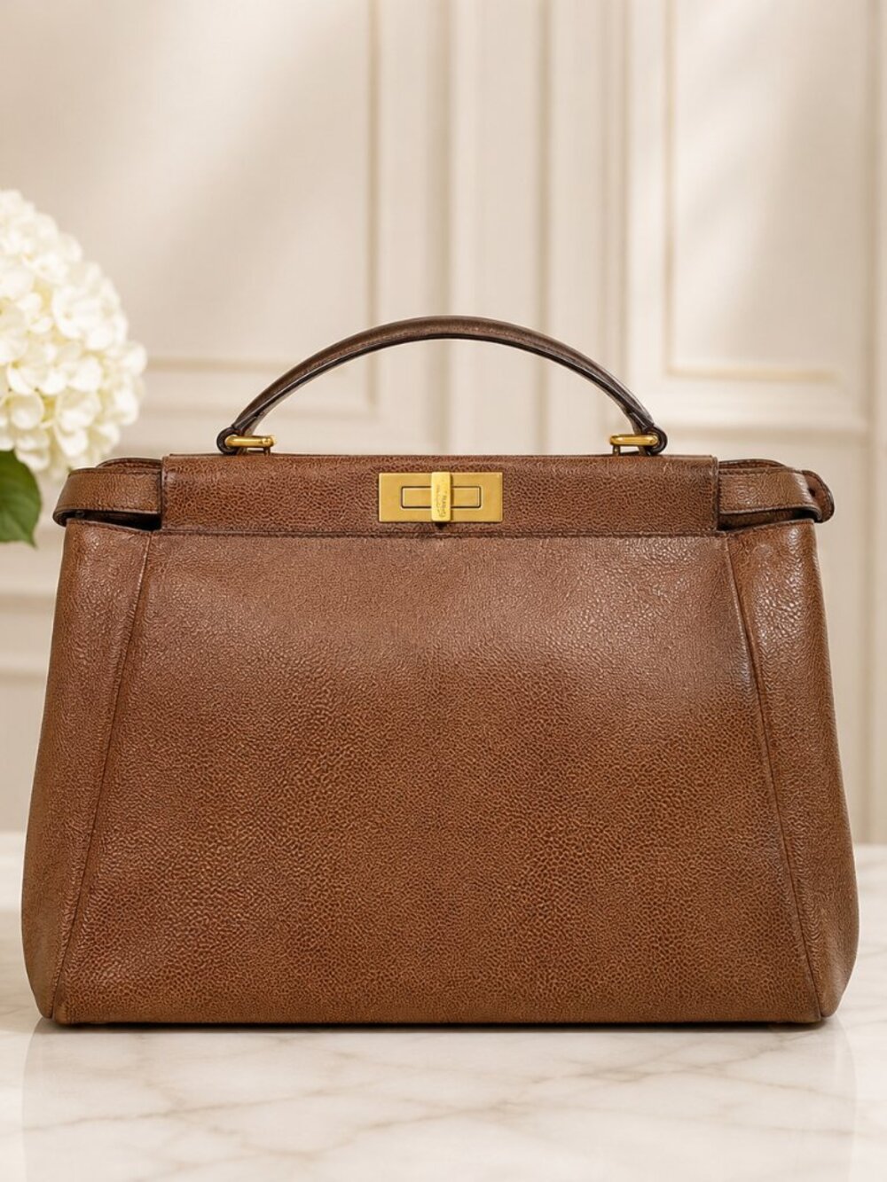 Fendi Peekaboo Large Tan Textured Leather Top Handle Bag Strap Gold Hardware